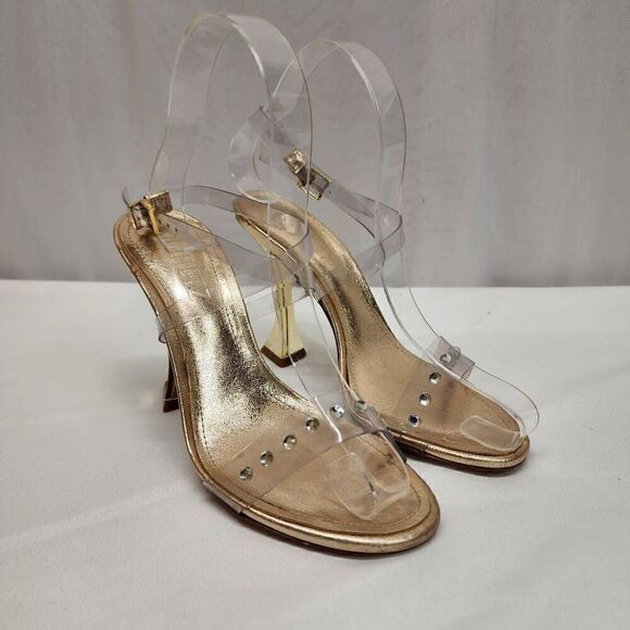 Schutz Size 5 B Glasy Gold Metallic Transparent Heel Sandals M - Picture 1 of 10